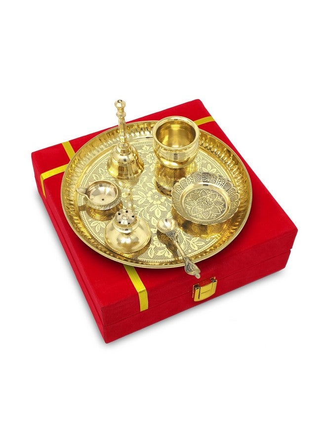 BENGALEN Brass Pooja Thali Set with Red Gift Box 8 Inch Pital Puja Thali Dhup Dan Kalash Palli Ghanti Kangura Plate Kuber Diya for Diwali Home Mandir Office Wedding Return Gifts Items - Image 5