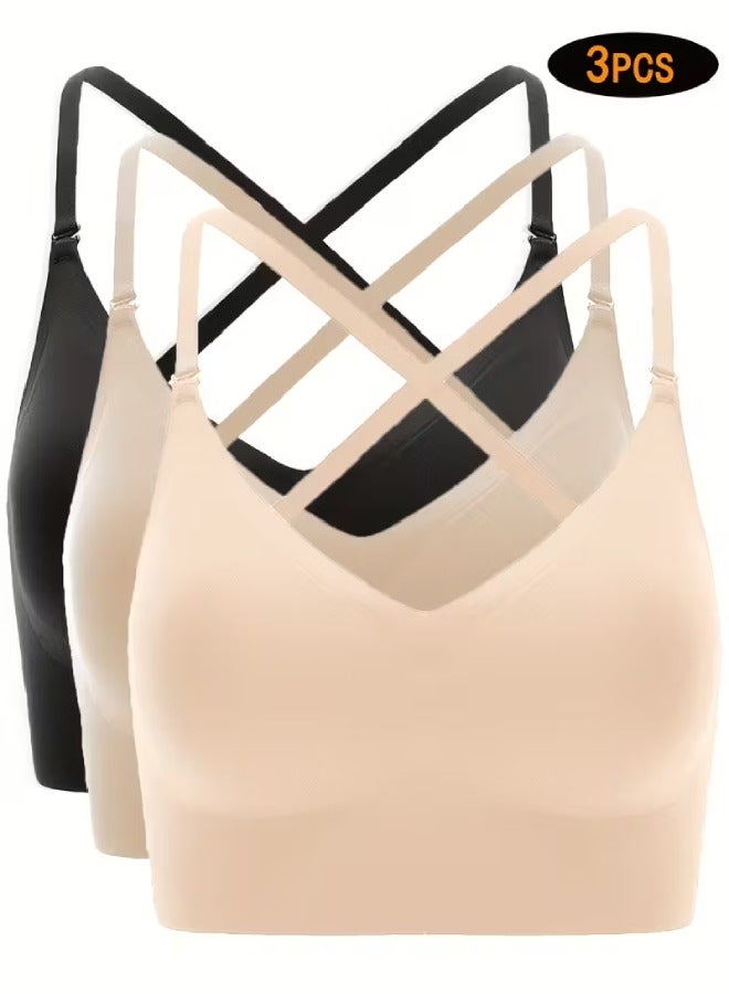 3 قطع حمالات صدر بدون درزات وبدون ظهر للنساء - تصميمات بأحزمة على شكل حرف X وU، حمالة صدر لاسلكية مع وسادات قابلة للإزالة، ملابس داخلية عالية الدعم للاستخدام اليومي والمناسبات الخاصة - كاكي، أسود وبيج - Image 1