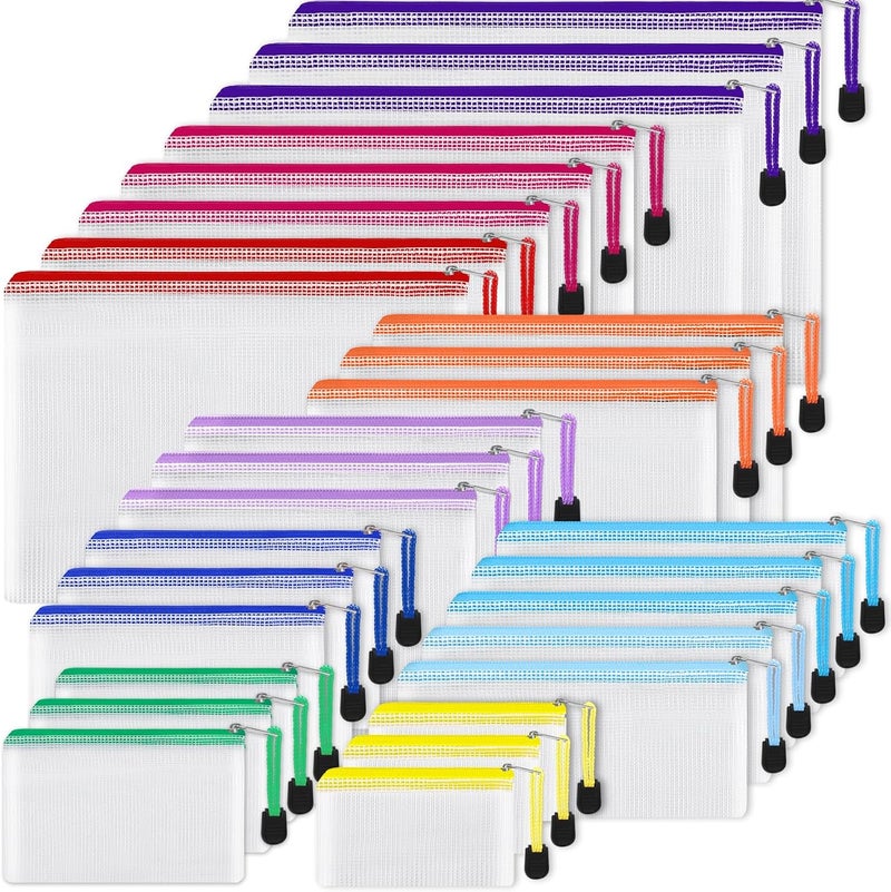 EOOUT 28pcs Mesh Zipper Pouch, Waterproof Zipper Bags, 8 Sizes Plastic Travel Pouch, 10 Colors, Multipurpose for Board Game, Travel Storage, School Supplies, Office Appliances, Home Organize - Image 1