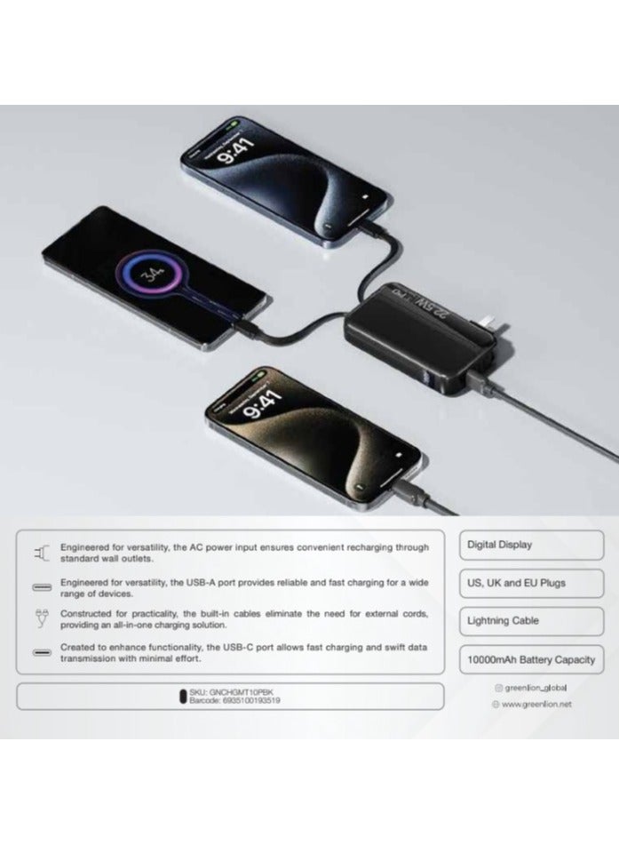 GREEN LION 10000 mAh Charge Mate Power Bank PD 22.5W with Built-In Cables/ AC Power Input with US/EU/UK Plugs / Digital Display / Compact and Powerful Fast Charger Powerbank 10000mAh - Black - Image 2