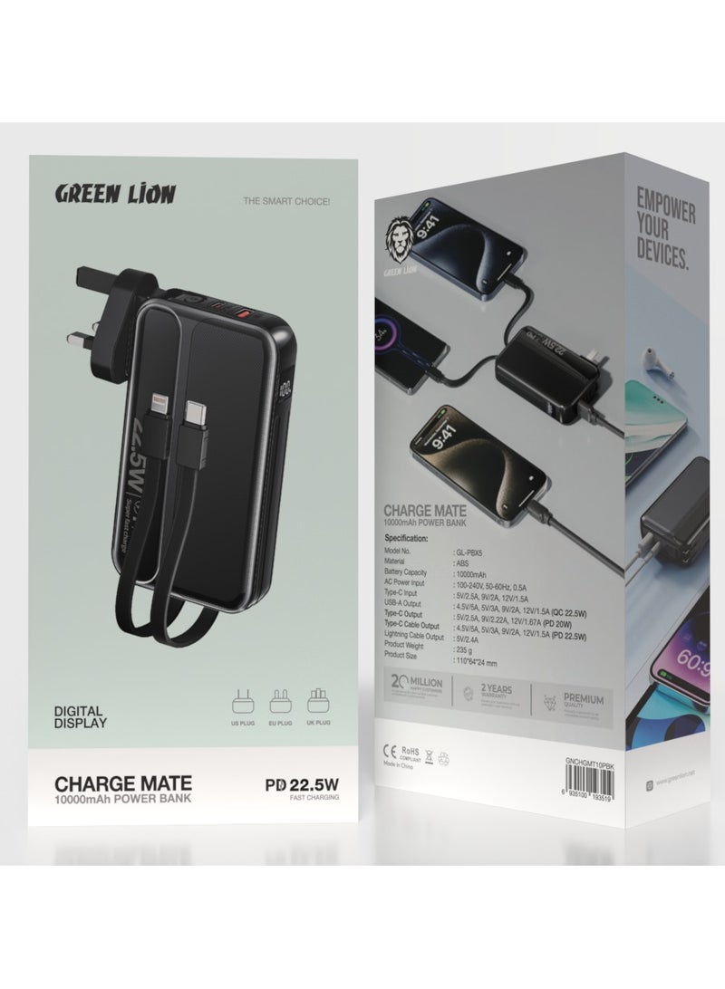 GREEN LION 10000 mAh Charge Mate Power Bank PD 22.5W with Built-In Cables/ AC Power Input with US/EU/UK Plugs / Digital Display / Compact and Powerful Fast Charger Powerbank 10000mAh - Black - Image 3