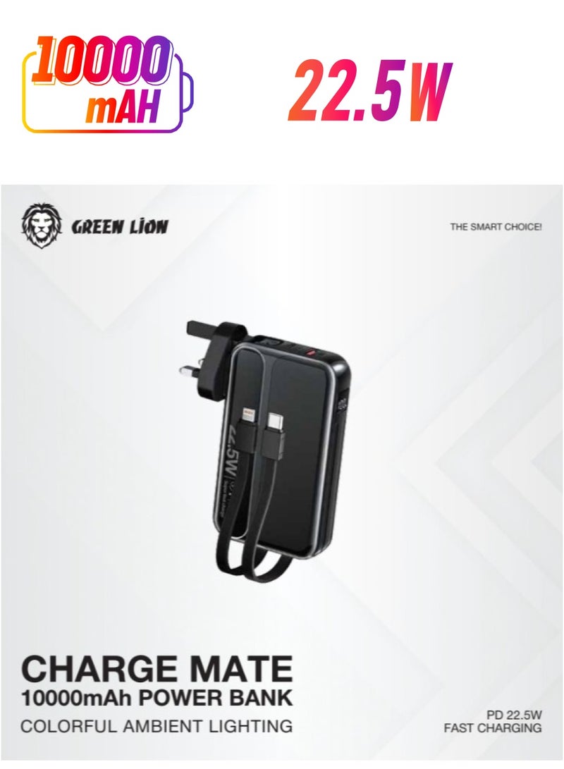 GREEN LION 10000 mAh Charge Mate Power Bank PD 22.5W with Built-In Cables/ AC Power Input with US/EU/UK Plugs / Digital Display / Compact and Powerful Fast Charger Powerbank 10000mAh - Black - Image 1