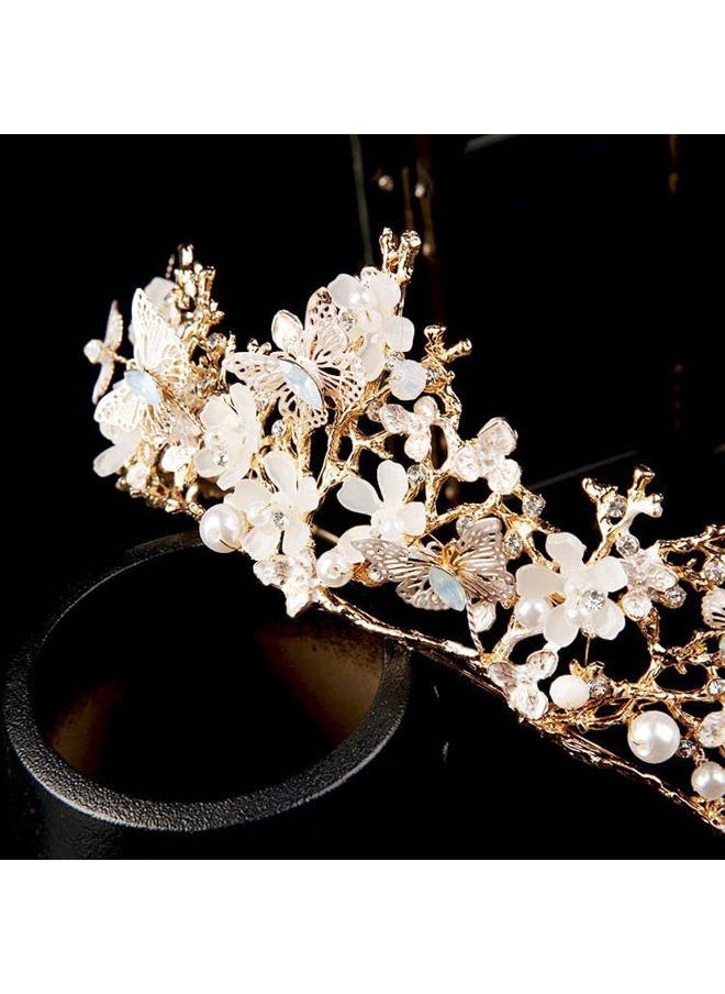 Kisshine - Bride Wedding Flower Crowns and Tiaras Bridal Butterfly Tiara Baroque Queen Crown Crystal Costume Party Hair Accessories for Women and Girls - Image 1
