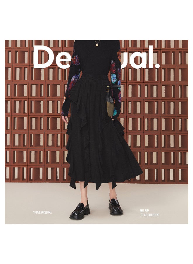 DESIGUAL black Long Skirt With Umbrella Hem, Ruffle Trim, And Elastic Waistband - Image 3