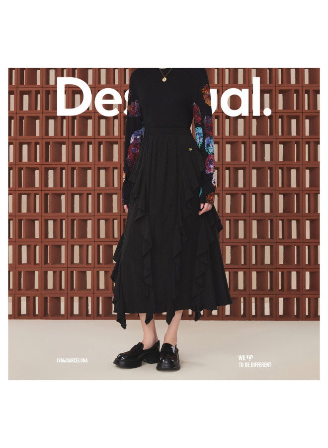 DESIGUAL black Long Skirt With Umbrella Hem, Ruffle Trim, And Elastic Waistband - Image 4