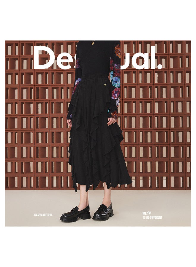 DESIGUAL black Long Skirt With Umbrella Hem, Ruffle Trim, And Elastic Waistband - Image 5