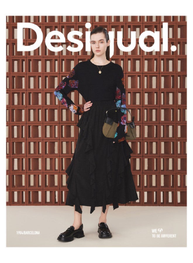 DESIGUAL black Long Skirt With Umbrella Hem, Ruffle Trim, And Elastic Waistband - Image 1