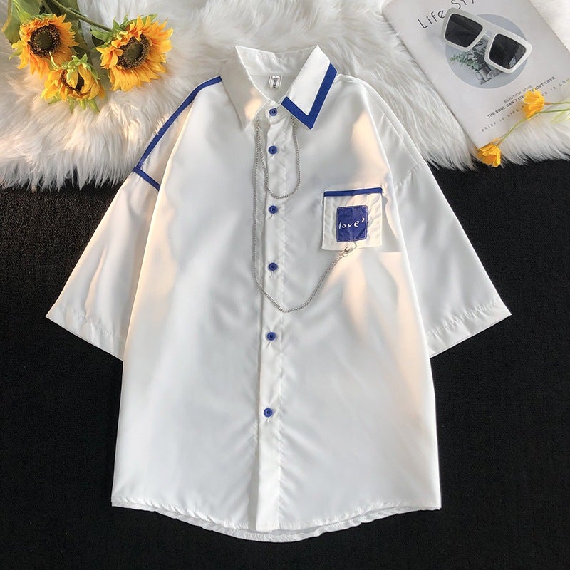 Vintage French Style Necklace Shirt Unisex Summer White