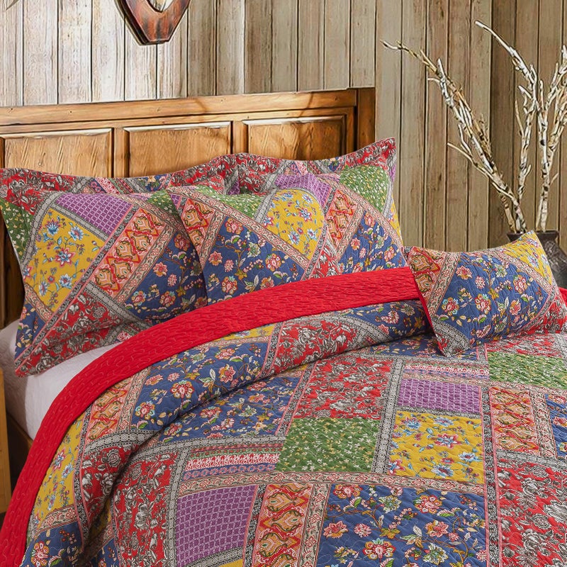 BEDIFANY Cotton Queen Quilt Set - Vintage Farmhouse Bedspread with Vibrant Floral Pattern, 3-Piece Lightweight Coverlet (90x98 Inch) + 2 Pillow Shams, All Seasons Multicolor Quilt Bedding Set - Image 3
