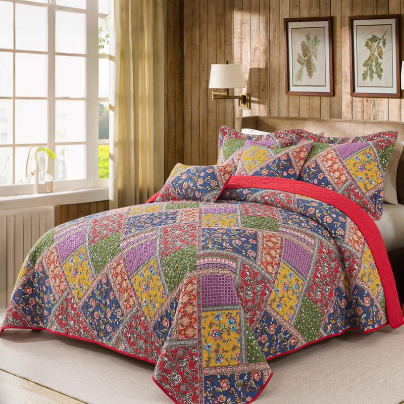BEDIFANY Cotton Queen Quilt Set - Vintage Farmhouse Bedspread with Vibrant Floral Pattern, 3-Piece Lightweight Coverlet (90x98 Inch) + 2 Pillow Shams, All Seasons Multicolor Quilt Bedding Set - Image 2