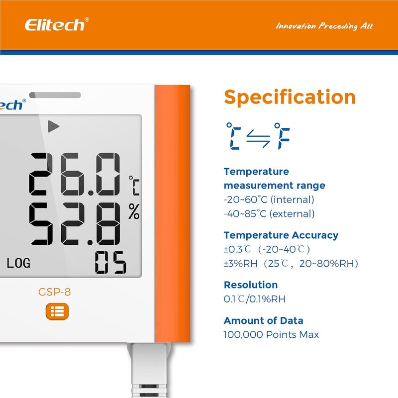 Elitech 100,000 Points Digital Temperature Humidity Data Logger Medical Refrigerator Thermometer Vaccine Fridge Temperature Monitor Max Min Average Value GSP-8 - Image 2