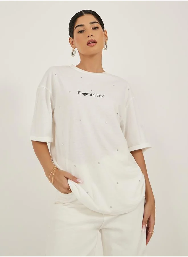 Styli Embellished Slogan Print Oversized T-Shirt