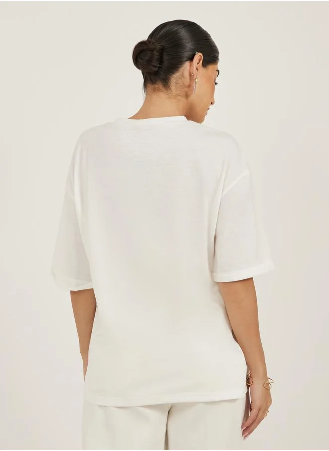 Styli Embellished Slogan Print Oversized T-Shirt