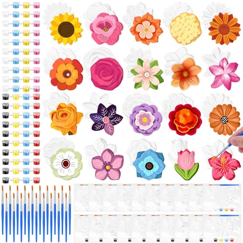 JellyArch 20 Set Flower DIY Painting Kit Ceramic to Paint Your Own Statues Unpainted Plaster Figurines Brushes Acrylic Paints Bags Party Favor for Adults - Image 1