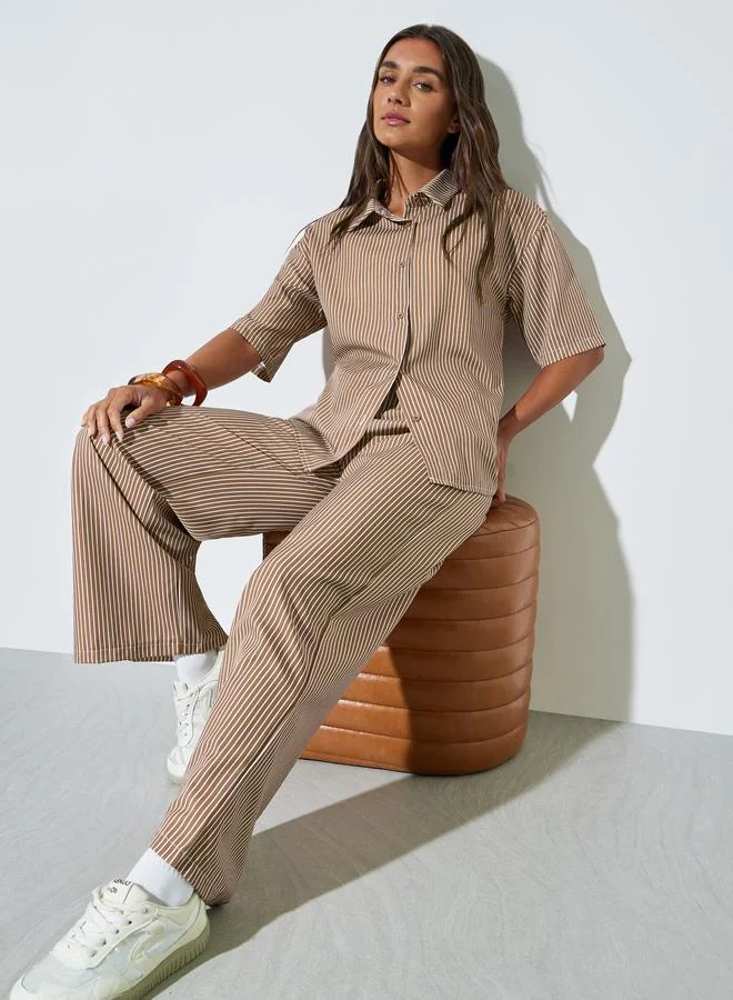 Styli Khaki Striped Oversized Shirt and Wide Leg Pants Set