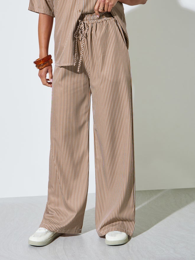 Styli Khaki Striped Oversized Shirt and Wide Leg Pants Set - Image 5