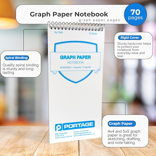 Portage Graph Paper Notebook – Top Bound Spiral Grid Notepad, Small Graph Notebook Writing Pad, Grid Paper, Reversible 4 Square / 5 Square with Notes Template, Extra Thick Cover For Extra Stability – - Image 2