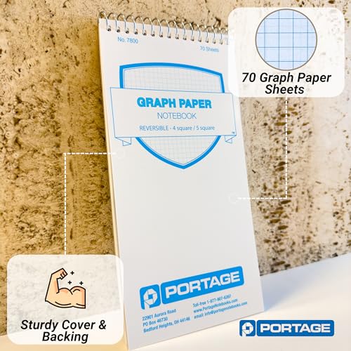 Portage Graph Paper Notebook – Top Bound Spiral Grid Notepad, Small Graph Notebook Writing Pad, Grid Paper, Reversible 4 Square / 5 Square with Notes Template, Extra Thick Cover For Extra Stability – - Image 3
