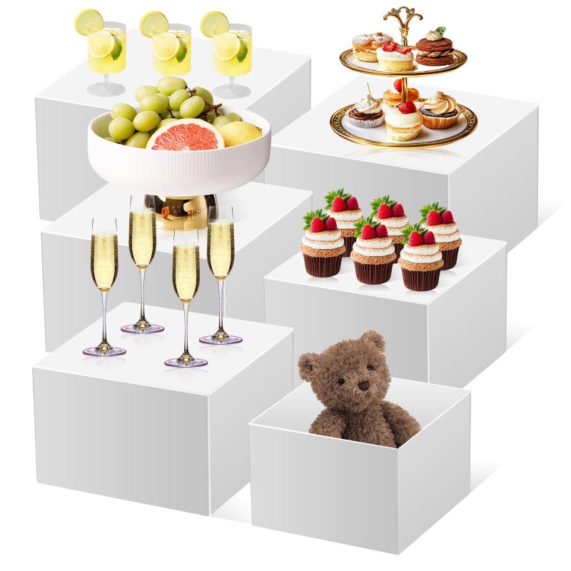 Piopiocoing 6 Pcs Buffet Risersï¼ˆSizeï¼š5''-6''-7''-8''-9''-10'') ï¼ŒFood Risers for Buffet Tableï¼ŒWhite Acrylic Display Risers Shelf for Catering, Party, Jewelry & Collectibles, Acrylic white boxes for food display with Hollow Bottoms - Image 1
