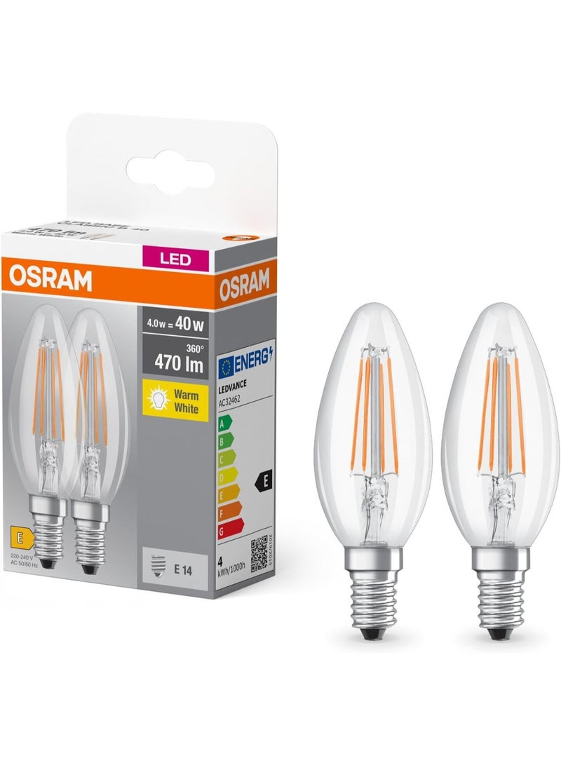 OSRAM Osram Base Classic B FIL 40 LED Lamp with E14 Socket, Mini Candle Shape, Double Pack, 4 W, 470 lm, 2700 K, Warm White Light, Low Heat Generation, Long Life, Low Energy Consumption