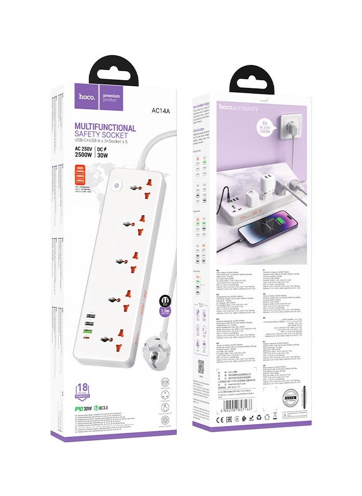 hoco. Power strip AC14A Rico PD30W + QC3.0 + 5 sockets  - Image 3