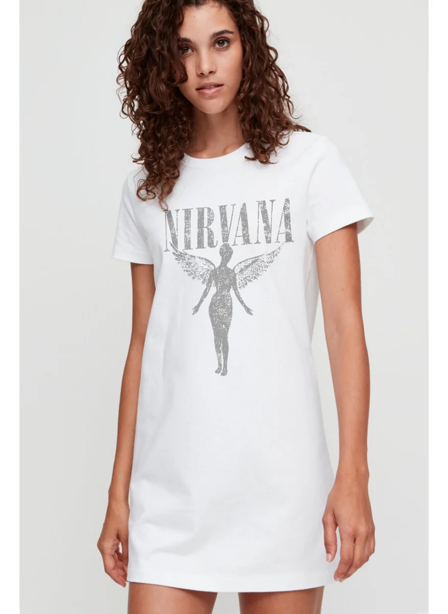 Rock&Roll Angel Nirvana White Short Sleeve Combed Cotton T-Shirt Dress