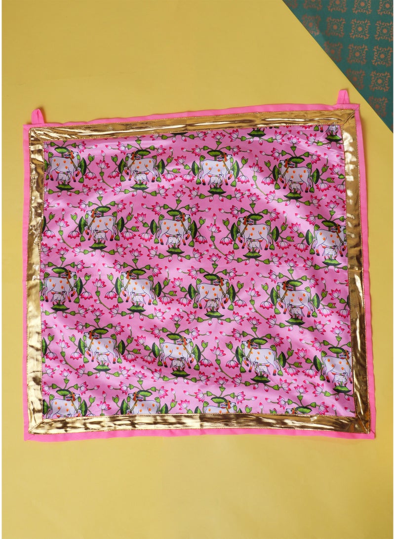 Madhoor Cow Decorative Pooja Aasan Pink White Gold-Tone for Pooja, Deity Idol Placement & Home Temples, 22 x 22 Inches, 1 Piece - Image 3