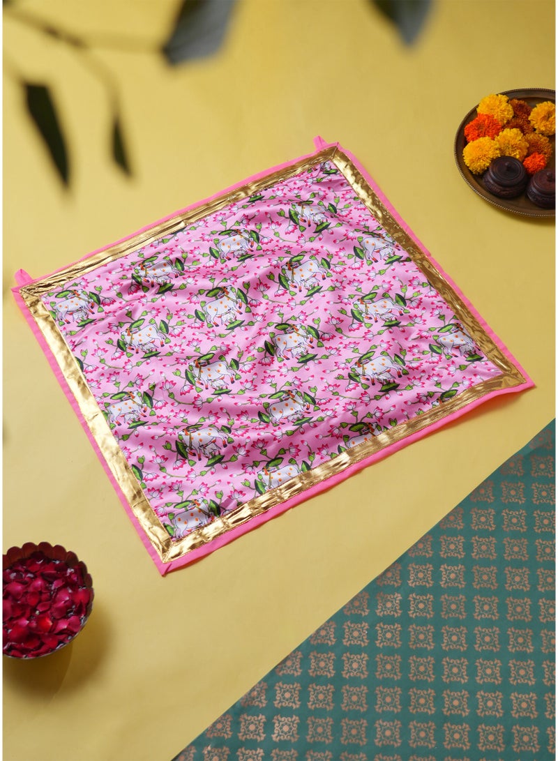 Madhoor Cow Decorative Pooja Aasan Pink White Gold-Tone for Pooja, Deity Idol Placement & Home Temples, 22 x 22 Inches, 1 Piece - Image 1