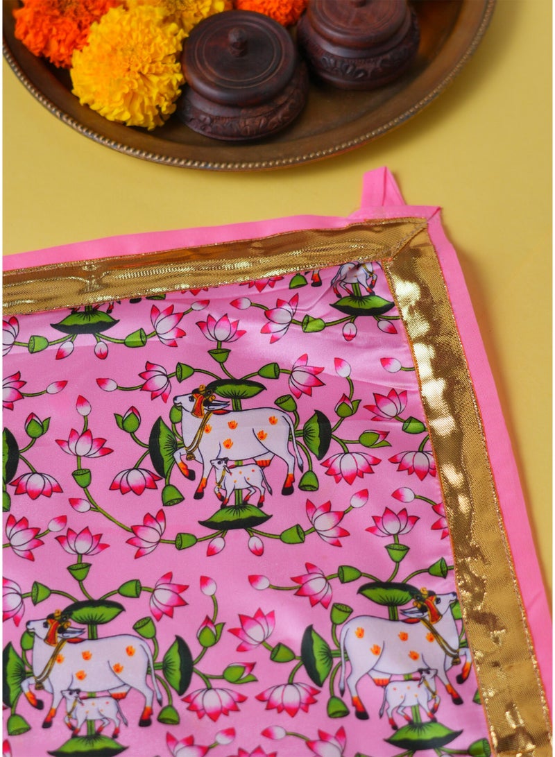 Madhoor Cow Decorative Pooja Aasan Pink White Gold-Tone for Pooja, Deity Idol Placement & Home Temples, 22 x 22 Inches, 1 Piece - Image 2