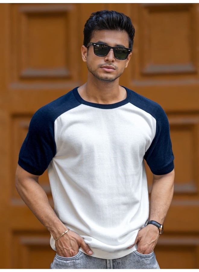 Maniac Maniac Mens Textured Polo Neck Half Sleeve White and Navy FlatKnit Cotton T-Shirt  - Image 2