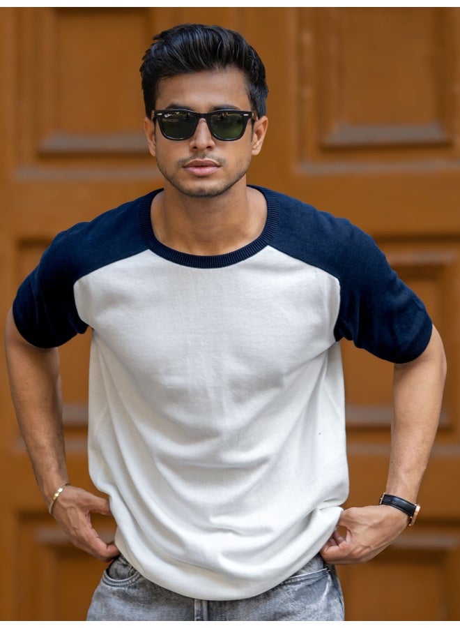 Maniac Maniac Mens Textured Polo Neck Half Sleeve White and Navy FlatKnit Cotton T-Shirt  - Image 4