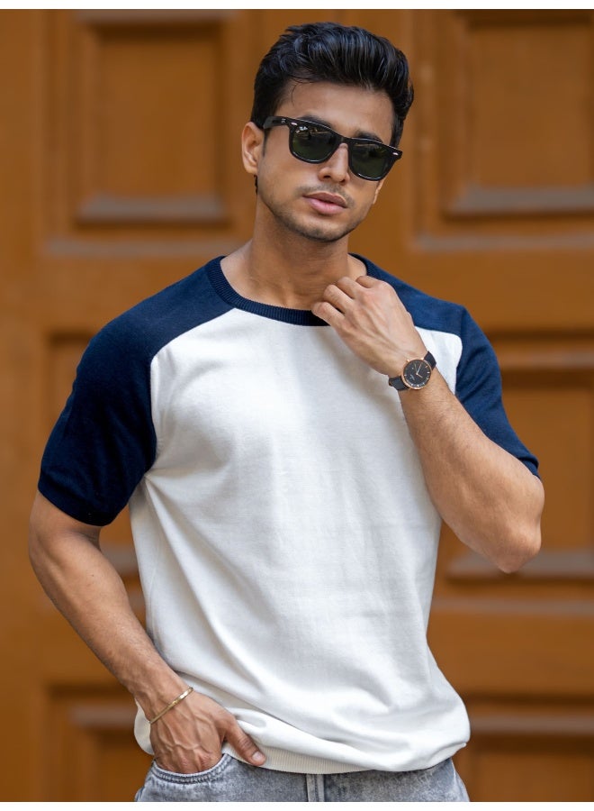 Maniac Maniac Mens Textured Polo Neck Half Sleeve White and Navy FlatKnit Cotton T-Shirt  - Image 1