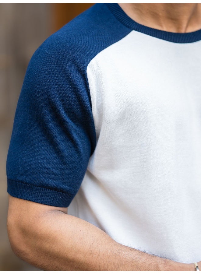 Maniac Maniac Mens Textured Polo Neck Half Sleeve White and Navy FlatKnit Cotton T-Shirt  - Image 3