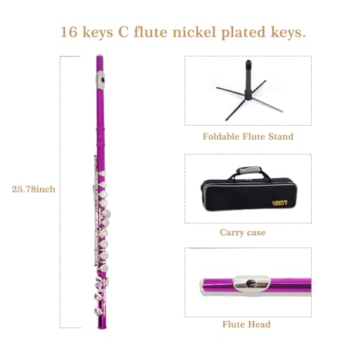 YANASON Pink C Flute Closed Hole 16 Keys Flute Nickel-Plated for Beginner, Student and Professionals with Carrying case, Metal stand, Gloves, Tuning Rod, Cleaning kit(Pink) - Image 2