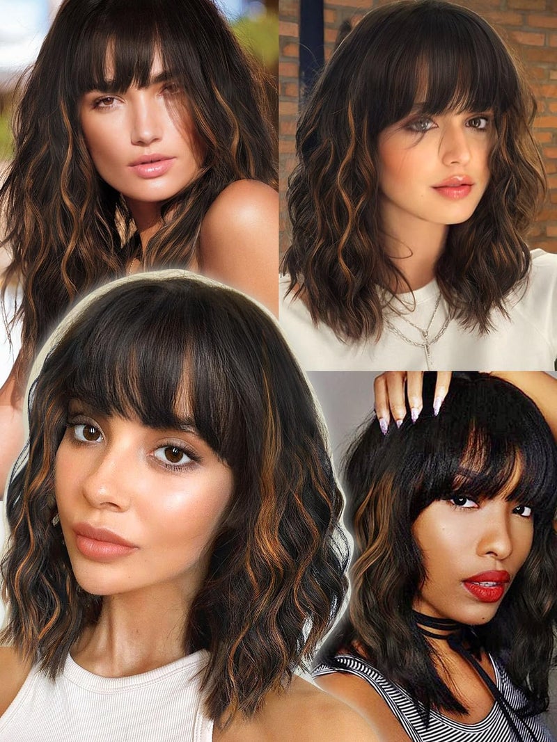 Nnzes Black Mixed Brown Wig with Bangs Short Bob Wavy Wigs Synthetic Curly Wig for Women Natural Looking Heat Resistant Fiber Hair for Daily Party Use - Image 4