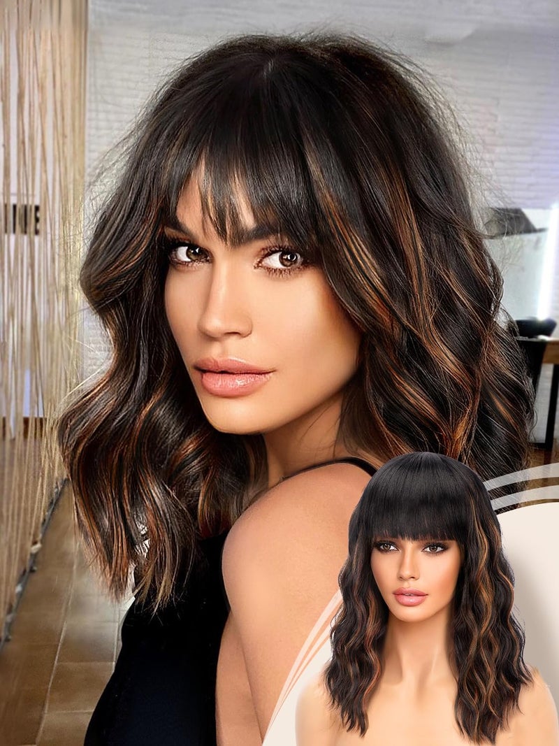 Nnzes Black Mixed Brown Wig with Bangs Short Bob Wavy Wigs Synthetic Curly Wig for Women Natural Looking Heat Resistant Fiber Hair for Daily Party Use - Image 1