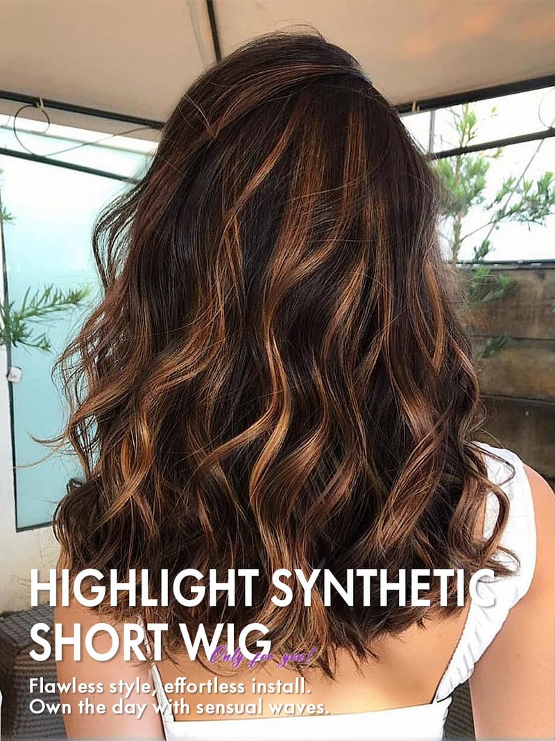 Nnzes Black Mixed Brown Wig with Bangs Short Bob Wavy Wigs Synthetic Curly Wig for Women Natural Looking Heat Resistant Fiber Hair for Daily Party Use - Image 2