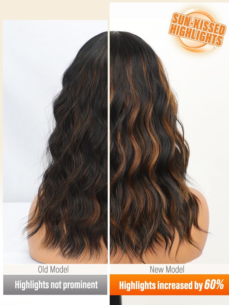 Nnzes Black Mixed Brown Wig with Bangs Short Bob Wavy Wigs Synthetic Curly Wig for Women Natural Looking Heat Resistant Fiber Hair for Daily Party Use - Image 3