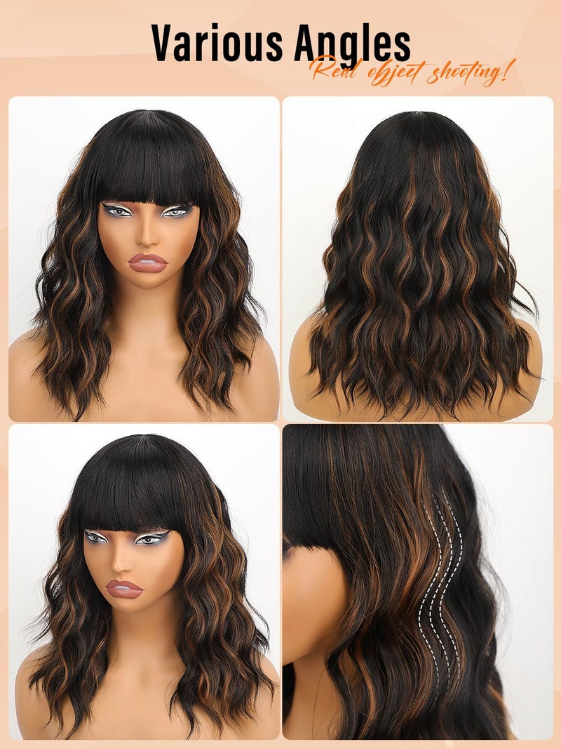 Nnzes Black Mixed Brown Wig with Bangs Short Bob Wavy Wigs Synthetic Curly Wig for Women Natural Looking Heat Resistant Fiber Hair for Daily Party Use - Image 5
