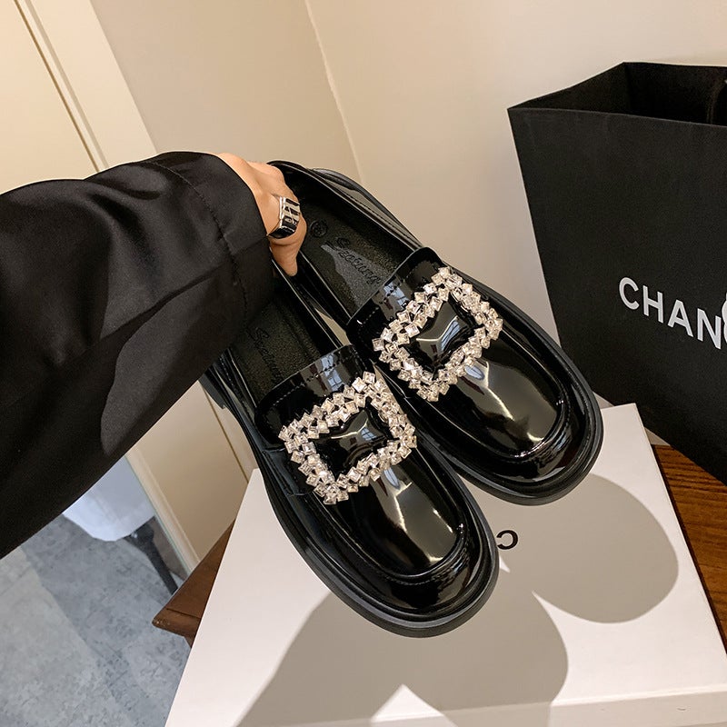 Fleece-Lined Genuine Leather Patent Leather Platform Loafers Women'S Rhinestone Square Buckle Round Toe British Chunky Heel Leather Shoes Single - Image 3
