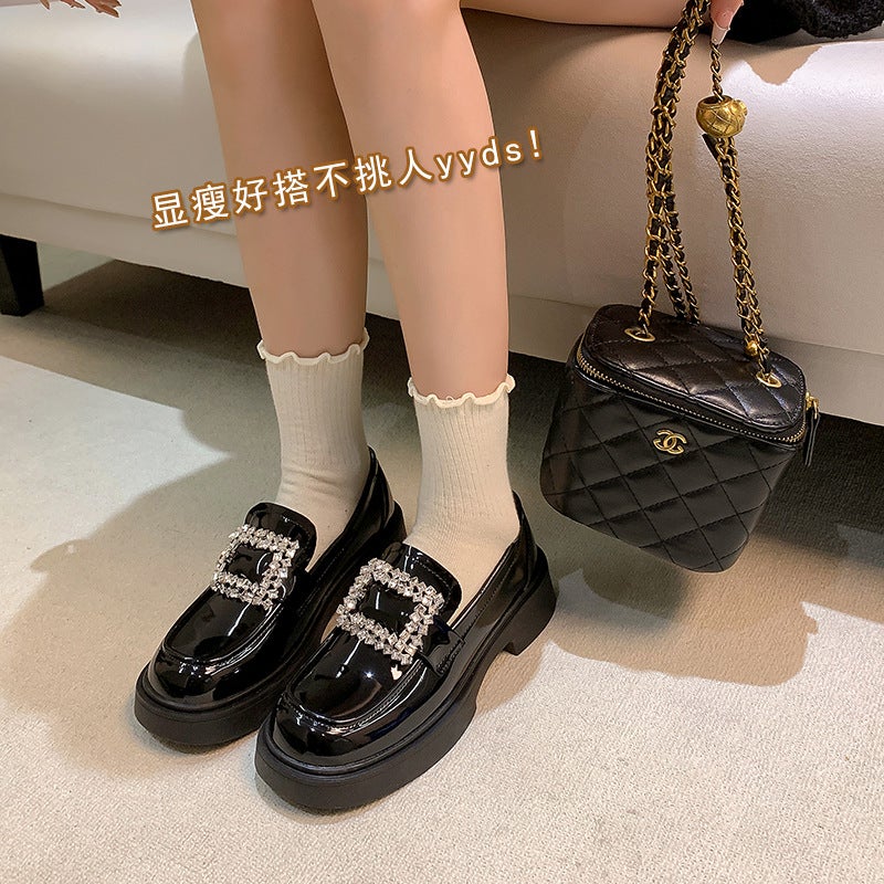 Fleece-Lined Genuine Leather Patent Leather Platform Loafers Women'S Rhinestone Square Buckle Round Toe British Chunky Heel Leather Shoes Single - Image 5