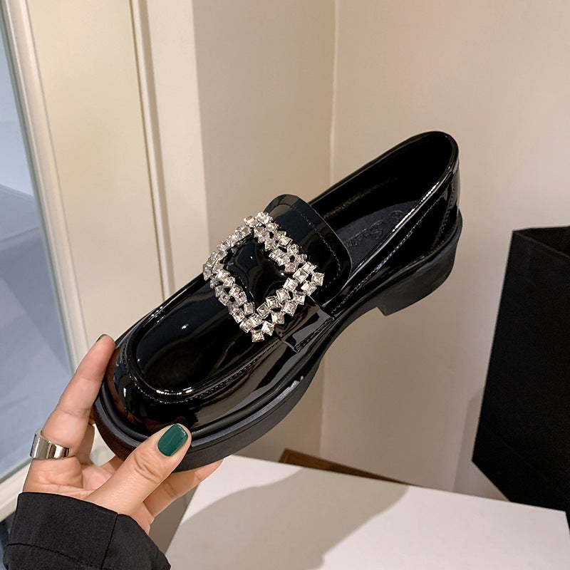 Fleece-Lined Genuine Leather Patent Leather Platform Loafers Women'S Rhinestone Square Buckle Round Toe British Chunky Heel Leather Shoes Single - Image 2