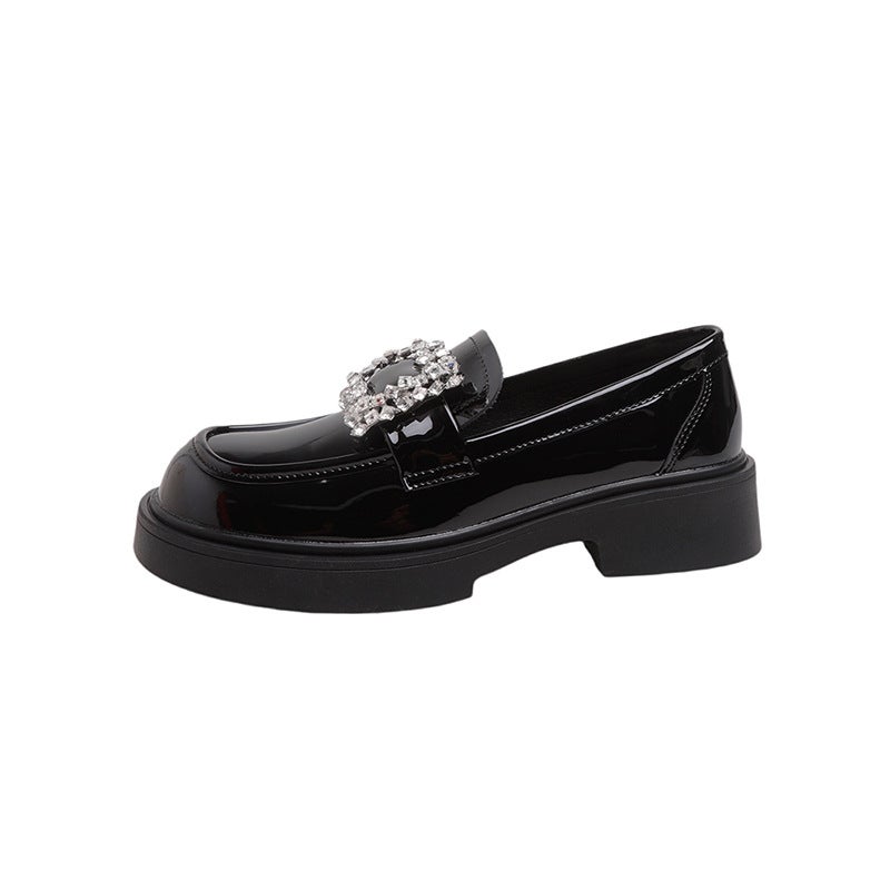 Fleece-Lined Genuine Leather Patent Leather Platform Loafers Women'S Rhinestone Square Buckle Round Toe British Chunky Heel Leather Shoes Single - Image 1