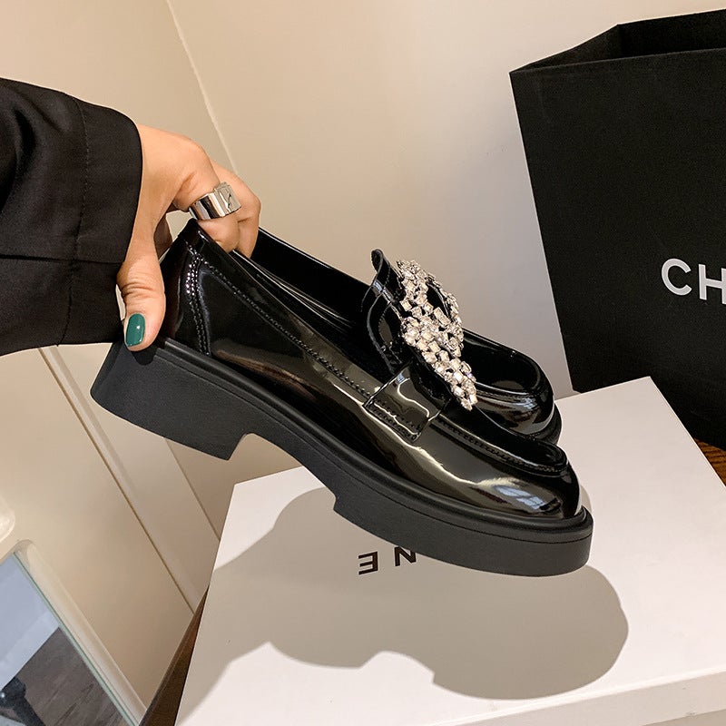 Fleece-Lined Genuine Leather Patent Leather Platform Loafers Women'S Rhinestone Square Buckle Round Toe British Chunky Heel Leather Shoes Single - Image 4