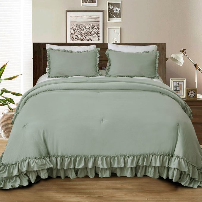 GREEN RUFFLED COMFORTER KING SIZEFARMHOUSE SHABBY RUFFLE RUSTIC AESTHETIC SAGE GREEN BEDDING EXTRA SOFT 3PCS 1 RUFFLE COMFORTER AND 2 PILLOWCASES