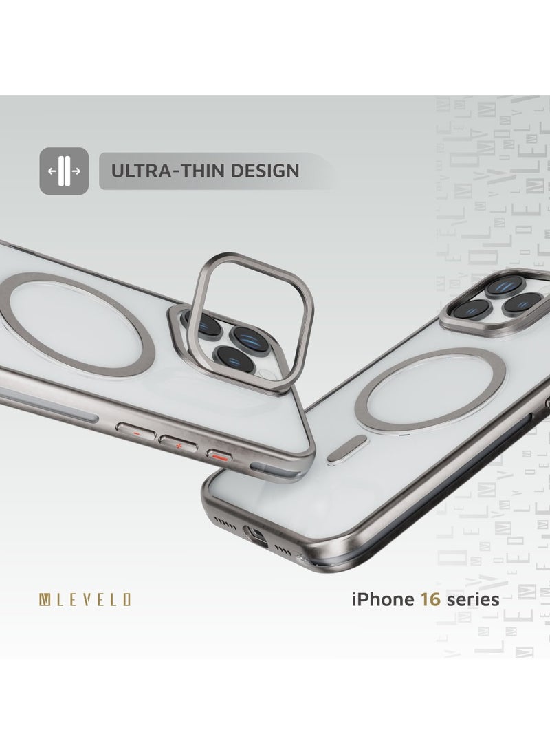 LEVELO - iPhone 16 Pro Magsafe Case Elio PC Cover with Metal Camera Ring Stand/ Anti-Yellowing/ Built-In Kickstand/ Ultra-Thin Design- Titanium - Image 1