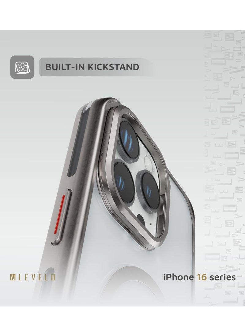 LEVELO - iPhone 16 Pro Magsafe Case Elio PC Cover with Metal Camera Ring Stand/ Anti-Yellowing/ Built-In Kickstand/ Ultra-Thin Design- Titanium - Image 1