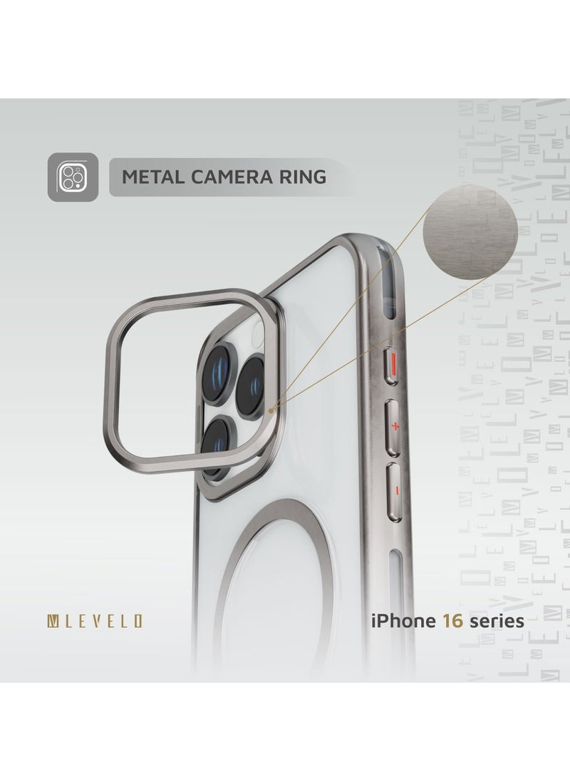 LEVELO - iPhone 16 Pro Magsafe Case Elio PC Cover with Metal Camera Ring Stand/ Anti-Yellowing/ Built-In Kickstand/ Ultra-Thin Design- Titanium - Image 1