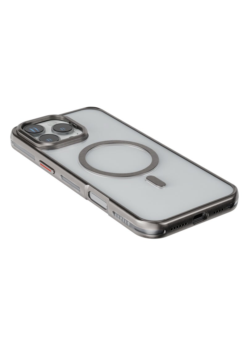 LEVELO - iPhone 16 Pro Magsafe Case Elio PC Cover with Metal Camera Ring Stand/ Anti-Yellowing/ Built-In Kickstand/ Ultra-Thin Design- Titanium - Image 1