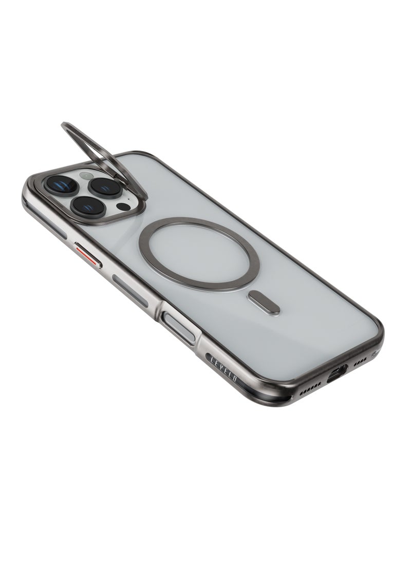 LEVELO - iPhone 16 Pro Magsafe Case Elio PC Cover with Metal Camera Ring Stand/ Anti-Yellowing/ Built-In Kickstand/ Ultra-Thin Design- Titanium - Image 1